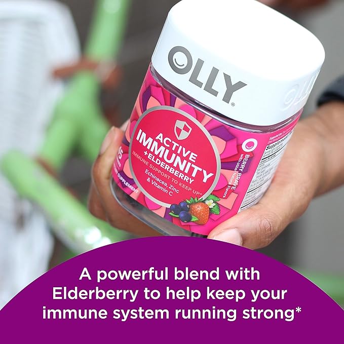 OLLY Kids Immunity Gummy, Immune Support, Wellmune, Elderberry, Vitamin C, Zinc, Chewable Supplement, Cherry - 50 Count & Gummy Active Immunity+Elderberry, 45 Gummies (1 Pack), Berry Flavor