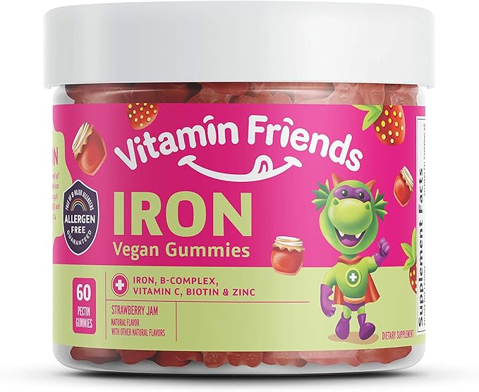 Vitamin Friends - Vegan Multivitamin & Iron for Kids - Daily Nutritional Support Gummies w/Ferrous Fumarate B-Complex, Vitamin C, Zinc, Biotin - Body Function & Anemia - Strawberry Jam(60 Day Supply)