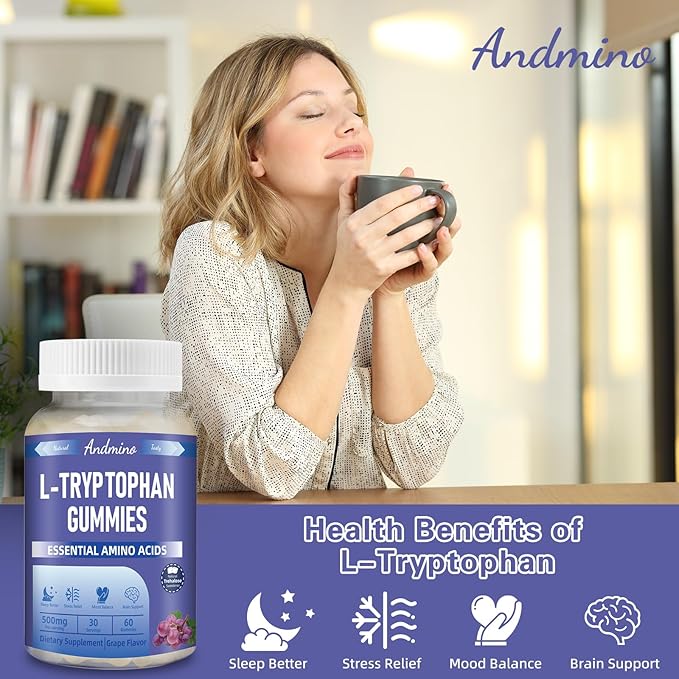 L Tryptophan Gummies 500mg, with Trehalose, for Natural Relaxation & Serotonin Support, for Adults & Kids, Non-GMO, Vegan, Gluten Free, Grape Flavor, 60