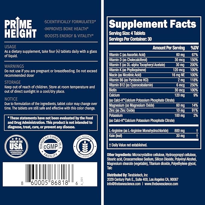 Prime Height Bone & Joint Health – Daily Nutritional Support for Kids, Teens & Adults – 120 Tablets