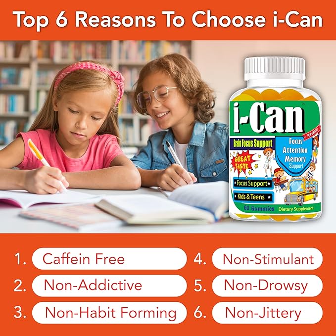 I-Can Brain Booster Supplement for Kids & Teens, Brain Support Focus Vitamins, Gummy Vitamins for Kids, Great Taste Memory Supplement for Brain, Omega 3 Gummies for Kids 60 Gummies
