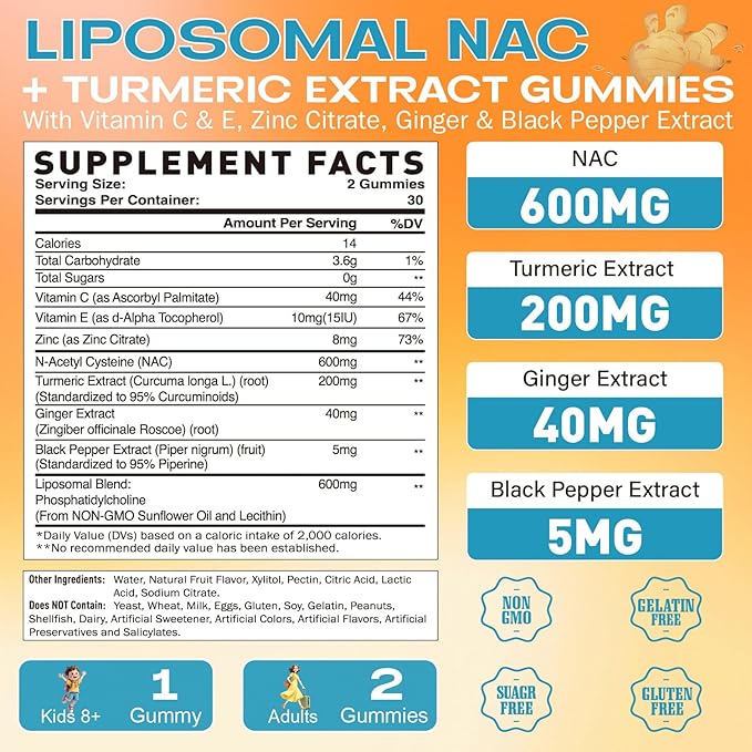 Liposomal NAC Gummies 600mg, N-Acetyl Cysteine Supplement for Kids & Adults, with Turmeric, Ginger, Black Pepper, Immune, Liver & Lung Support, Antioxidant, Sugar-Free Pineapple Flavor, 60 Counts