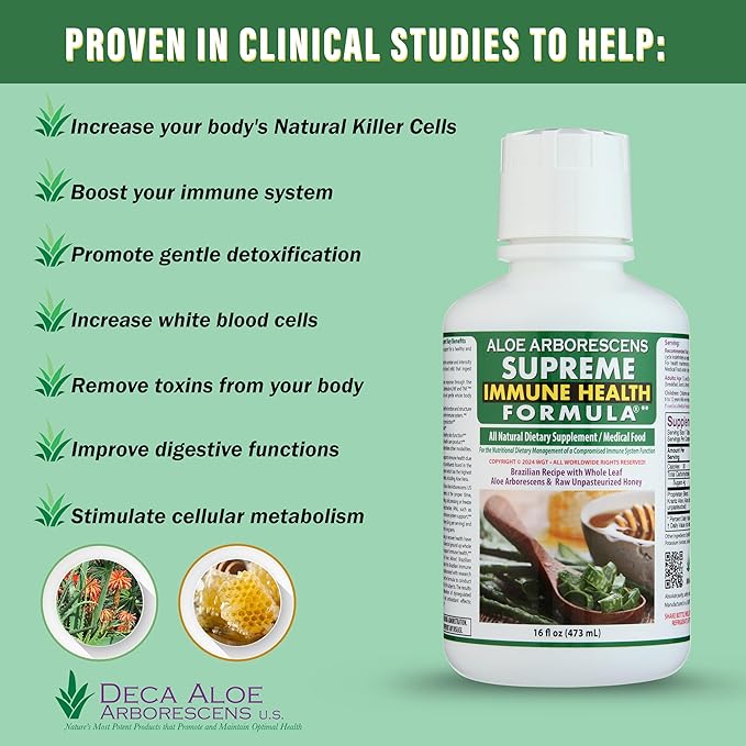 Supreme Immune Health Formula - Dr. Recommended Clinically Proven Immune Health Formula for Adults & Kids - Organic Whole Leaf Aloe Arborescens Juice + Raw Unpasteurized Honey for Immune Support -16oz