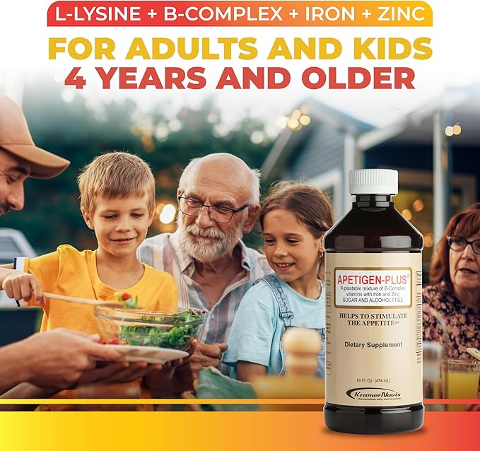 Apetigen-Plus® Vitamin B1, B2, B3, B5, B6, B12, Zinc, Iron, L-Lysine Liquid Supplement, Appetite Weight Gain Stimulant for underweight Kids and Adults, Sugar-Free, No Fish Oil, Orange-Flavored, 16oz