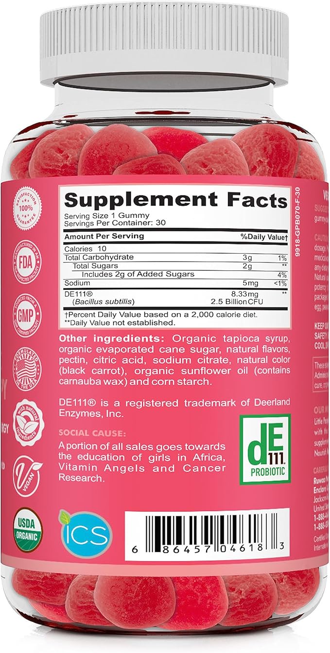 Kids Organic Probiotic Gummies for Digestive Health, Immune Support, Constipation, Bloating. 2.5 Billion CFU, Strawberry Flavor, Chewable Probiotics for Children Ages 4+, 30ct (1)