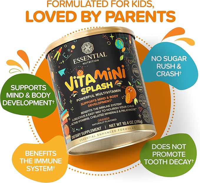 Vitamini Splash - Kids multivitamin Powder - Nutritional Support - 13 Active Vitamins & 6 Chelated Minerals, Prebiotic Fiber - Orange Flavor - (10.4 oz) - Vegan