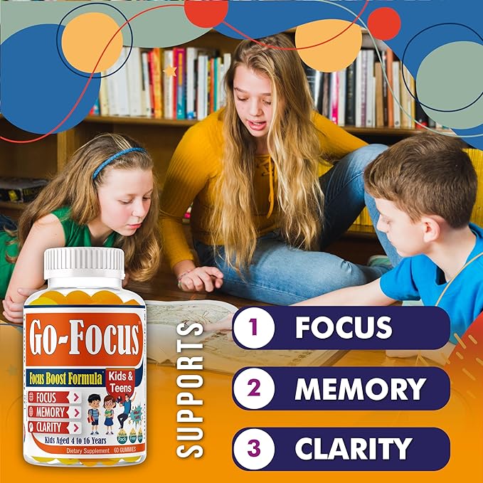 Brain Supplements for Memory and Focus, Omega 3 & DHA Focus Gummies for Kids, Memory Booster Focus Supplement for Kids & Teens- Low-Sugar, Natural Fruit Flavor 60 Gummies