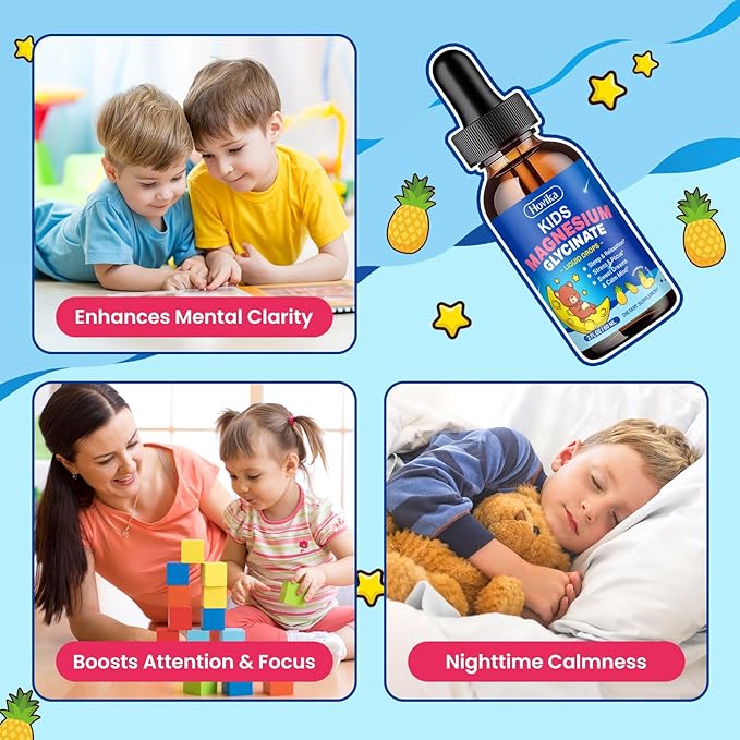 Kids Magnesium Glycinate Liquid with L-Theanine Omega-3, Vitamin B6, D3, Zinc, Magnesium Liquid Drops for Kids Sleep, Relaxation, Calm & Focus, 2 Fl Oz Pineapple Flavor