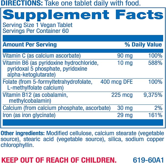 Iron and Vitamin C Supplement for Women - 60 Vegan Tablets Time Release Iron - Contains Iron, Calcium, Folate, Vitamin B6, B12, and C - TRI Iron