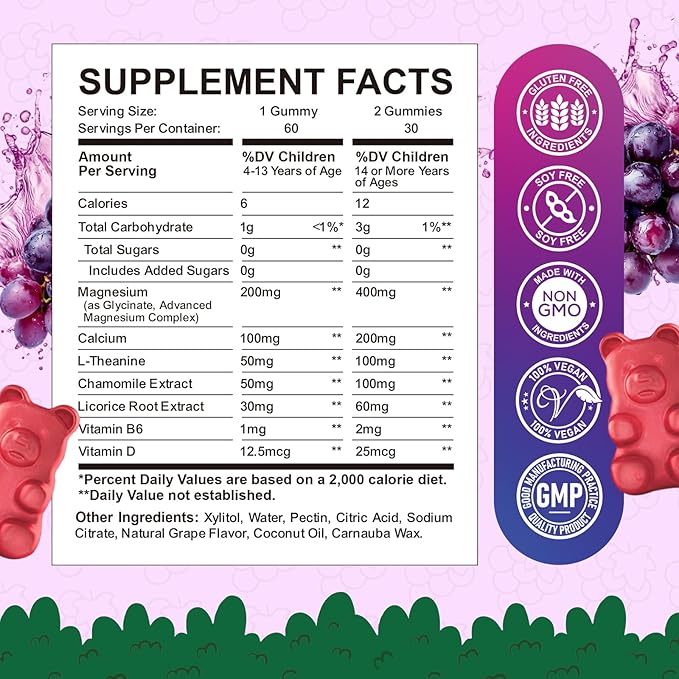 Kids Magnesium Glycinate Gummies - Magnesium Supplement Gummies with L-Theanine, Chamomile, Licorice, Vitamin B6, D for Kids & Adults Sleep, Stress, Muscle Relief & Nerve Bone - Sugar Free Grape 60ct