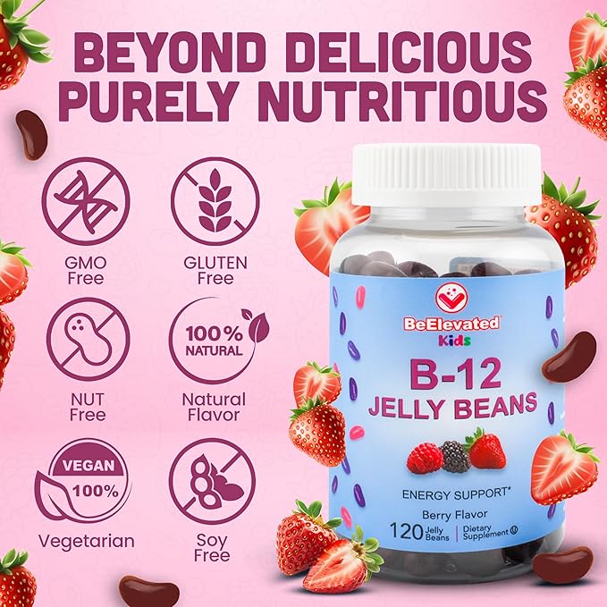 B12 Jelly Beans - Chewable Vitamins Gummies for Kids - Children's Vitamin Supplements - Vegan Energy B12 Gummy Supplement - 120 Berry Beans