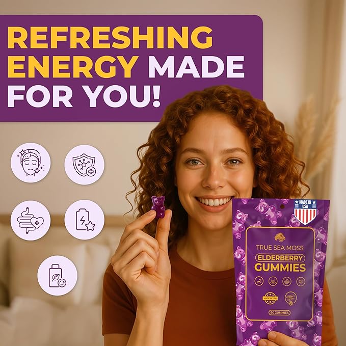 Sea Moss Elderberry Gummies for Adults & Kids - Magnesium, Burdock Root & Bladderwrack – Supports Immune, Boost Energy, Skin & Hair Health, Detox – Made in USA - 60 Vegan Gummies