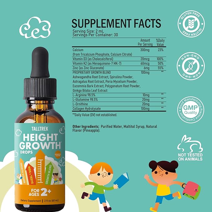 Height Growth Supplement Drops for Kids - Teens Bone Growth Height Increase and Maximizer Immune Health Drops with Vitamins D3 K2 Zinc & Calcium - Gluten Free Vegan Pineapple Flavor