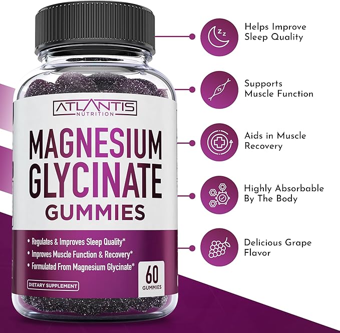 Atlantis Nutrition Magnesium Glycinate Gummies 700mg – Vegan Magnesium Glycinate for Kids & Adults – Muscle Support & Enhanced Sleep - Delicious Grape Flavor - for Whole Family - 60 Count