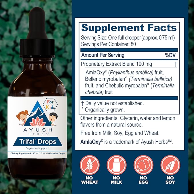 Ayush Herbs Trifal Drops - Digestive & Immune Wellness Booster for Kids, Kids Alcohol Free Digestive Support Drops with Amla for Toddlers, Children - 2 FL Oz Dropper Bottle (80 Servings)