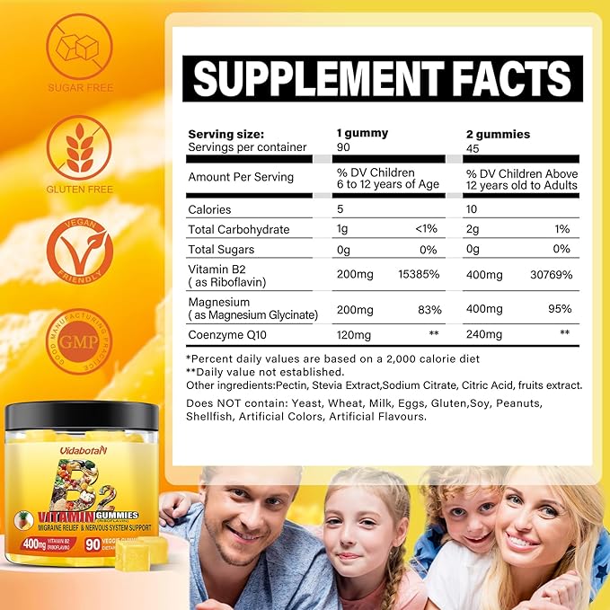Vitamin B2 Gummies- Riboflavin 400mg with Magnesium & CoQ10 for Kids & Adults, Migraine Relief & Headache Relief - Pineapple Flavor, 90 Chewable Gummies