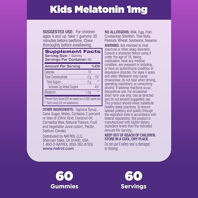 Natrol Kids Melatonin 1mg, Supplement for Restful Sleep, Sleep Gummies for Children, 60 Raspberry-Flavored Melatonin Gummies, 60 Day Supply
