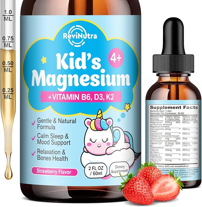 Kids Magnesium Glycinate Liquid Drops with Omega-3, Ashwagandha, Vitamin B6, D3, K2, Calcium & Chamomile - Magnesium Drops for Kids Sleep, Calm, Focus, Brain & Mood - Strawberry Flavor