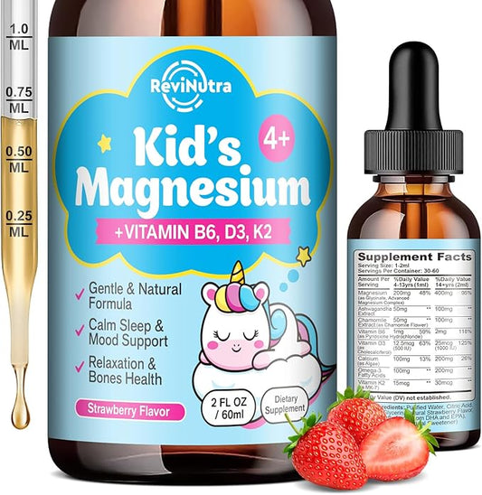 Kids Magnesium Glycinate Liquid Drops with Omega-3, Ashwagandha, Vitamin B6, D3, K2, Calcium & Chamomile - Magnesium Drops for Kids Sleep, Calm, Focus, Brain & Mood - Strawberry Flavor