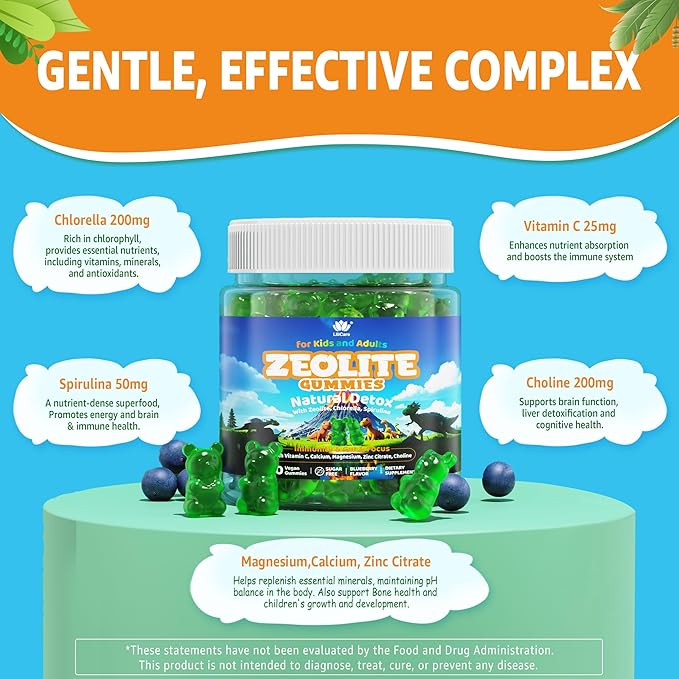 Zeolite Detox for Kids & Adults, Zeolite Gummies w/ Chlorella, Spirulina, Minerals, Choline, Natural Detox Cleanse for Immune, Focus, Energy, Gut Health, Sugar Free, Ages 4+, Gluten Free, 60cts