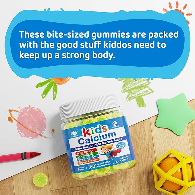 Sugar Free Kids Calcium Gummies (Made in USA) with Vitamin D3 K2, Magnesium, Zinc, Prebiotics, High Absorption Algae Calcium for Better Bone Growth & Development, Kids Vitamins Gummies, Vegan, 60 Cts