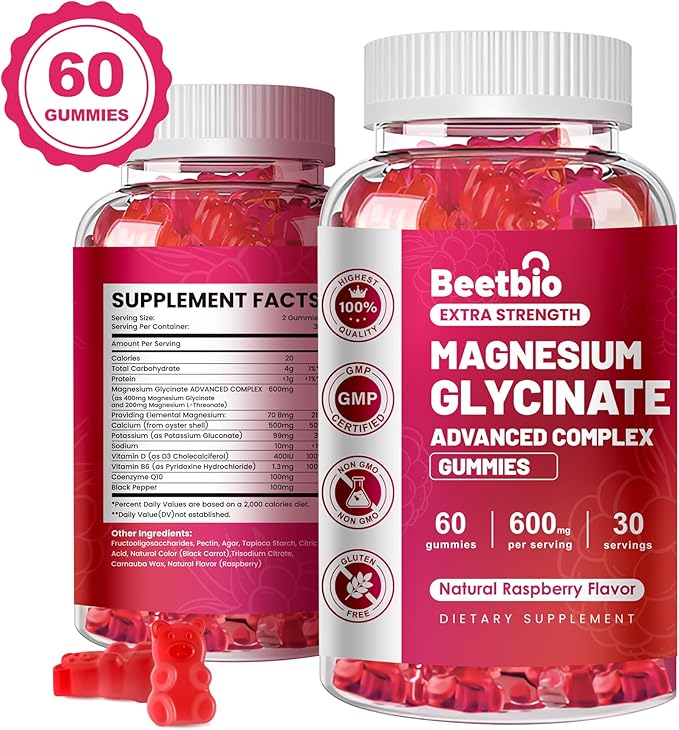 Magnesium Glycinate Gummies 600mg, Chewable Magnesium Glycinate Supplement for Kids & Adults, Magnesium Gummies for Sleep, Muscle & Bone, Sugar Free, Vegan, Raspberry Flavor (60Count)
