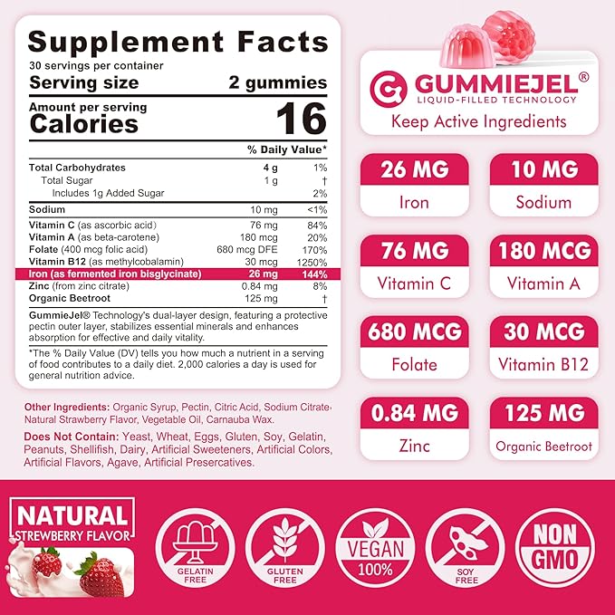 Vegan Iron + Beet Root Gummies, Iron Supplement for Women 26mg, w/Vitamin C Folate B12 Zinc, for Iron Deficiency, Energy Boost, Non-Constipating, No After Taste & Strawberry Flavor, Sugar-Free 60Cts
