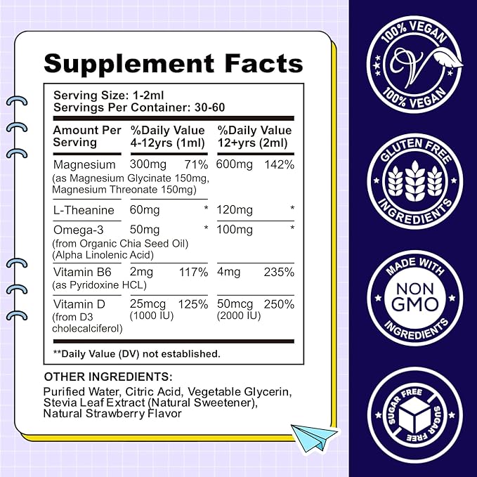 Kids Magnesium Liquid Drops-Magnesium Glycinate Liquid for Kids, L-Threonate Supplement-w/L-theanine, Omega-3, Vitamin B6, D3 - for Sleep, Relaxation, Brain, Bones - 2 Fl Oz Children's Magnesium Calm