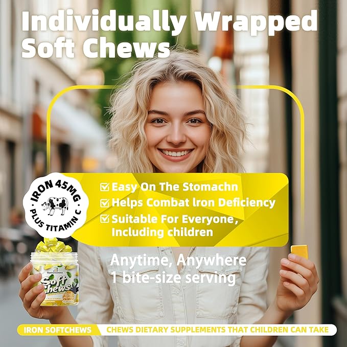 Iron Supplement Chews with Vitamin C for Women Men and Kids, Natural Vegan Iron Soft Chew with Vitamin B6,B12,D, Calcium & Zinc - Energy Support, 60 Pineapple SoftChews,2 Month Supply