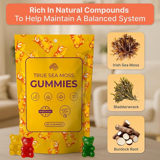 Sea Moss Gummies with Bladderwrack, Burdock Root & Magnesium – Vegan Supplement for Adults & Kids – Plant-Based, Fruity Flavor – 60 Gummies, Made in USA