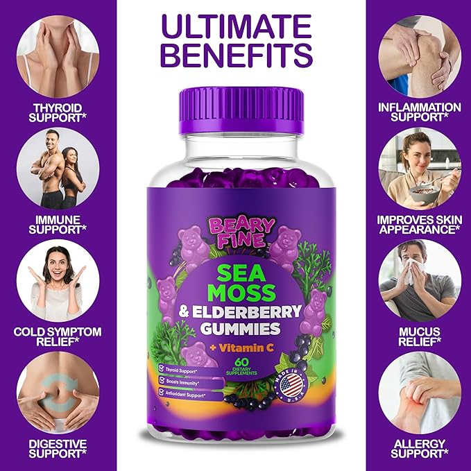 Sea Moss & Elderberry Gummies with Folic Acid – Immune, Thyroid & Prenatal Support for Adults & Kids – Vegan, Non-GMO – 60 Berry-Flavored Gummies – Made in The USA