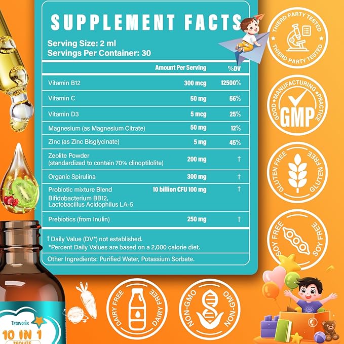 Zeolite Drops for Kids & Adult, 200mg Liquid Clinoptilolite with Vitamins B12 & D, 10 Billion CFU & Prebiotics, Supports Gut Health, Immune System & Energy, Strawberry Flavor, 60ML
