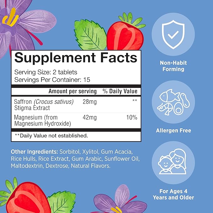 Matys Kids Relaxation Support Chewable Tablets for Ages 4 Years +, Magnesium & Saffron Helps Calm Active Mind & Body to Unwind & Chill, Clean Alternative Made with Saffron & Magnesium, 30 Count