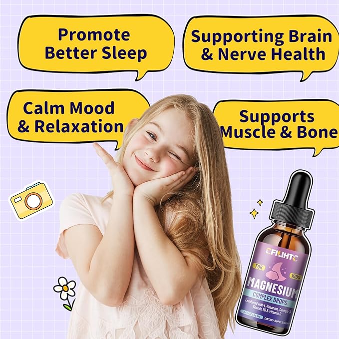 Kids Magnesium Liquid Drops-Magnesium Glycinate Liquid for Kids, L-Threonate Supplement-w/L-theanine, Omega-3, Vitamin B6, D3 - for Sleep, Relaxation, Brain, Bones - 2 Fl Oz Children's Magnesium Calm