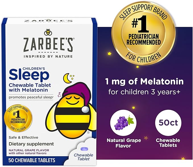 Zarbee's Kids 1mg Melatonin Chewable Tablet Drug-Free & Effective Sleep Supplement Easy to Take Natural Grape Flavor Tablets for Children Ages 3 and up 50 Count