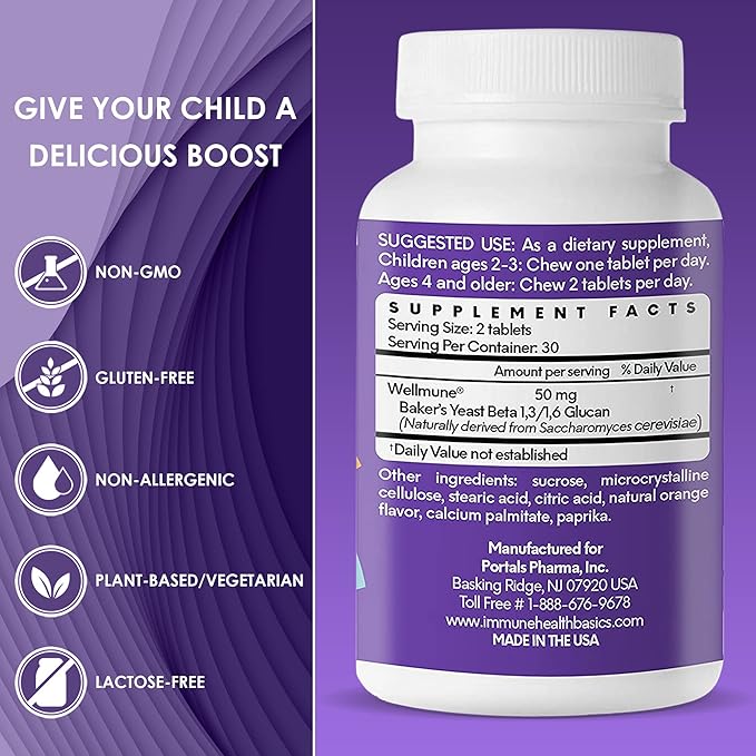 Children's Chewable Tablets, Wellmune Clinically Proven Highly Purified Beta Glucan Immunity Supplements for Children, Kids-Approved!