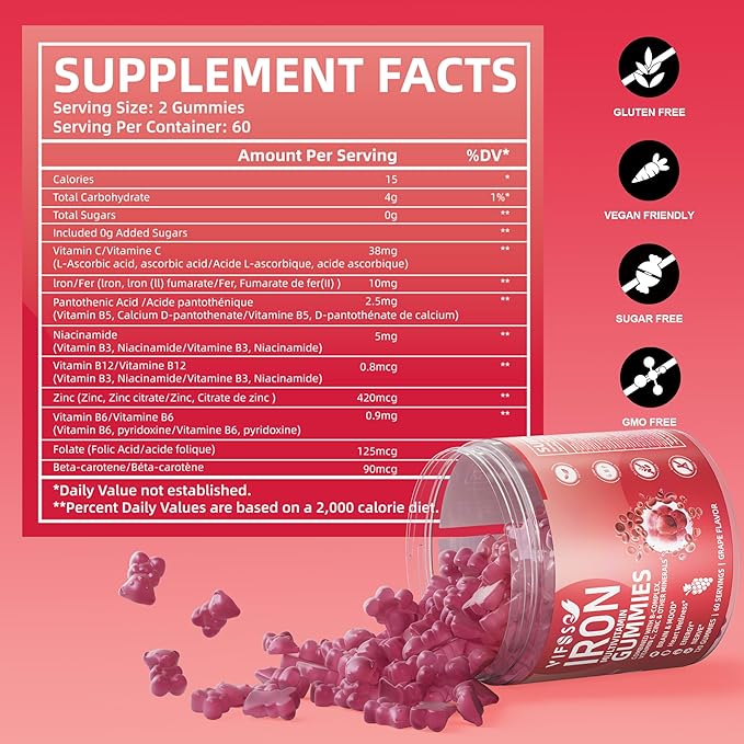 Iron Gummies Sugar Free, 120 Gummies Iron Supplement for Women Multivitamin with Iron, Vitamins & Zinc for Women, Men & Kids- Grape Flavor, Vegan Supplement, Folate for Energy- No After Taste
