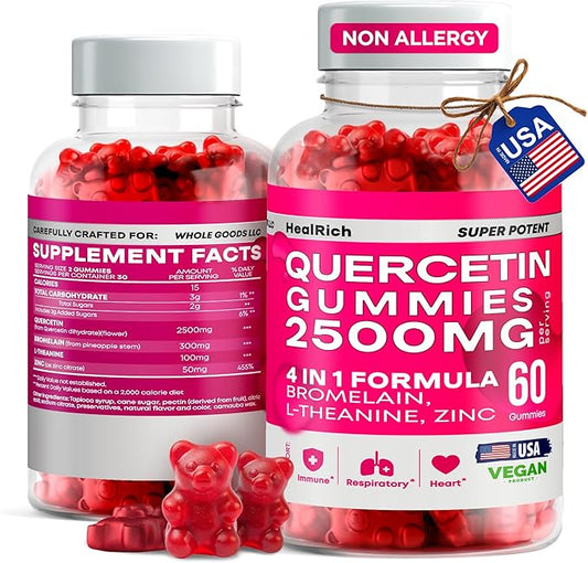 Quercetin Gummies - 2500MG Quercetin with Bromelain L-theanine & Zinc - Pure Supplement for Immune System Lung and Allergy Support - Immunity Booster Vegan Supplements for Kids & Adults - Made in USA