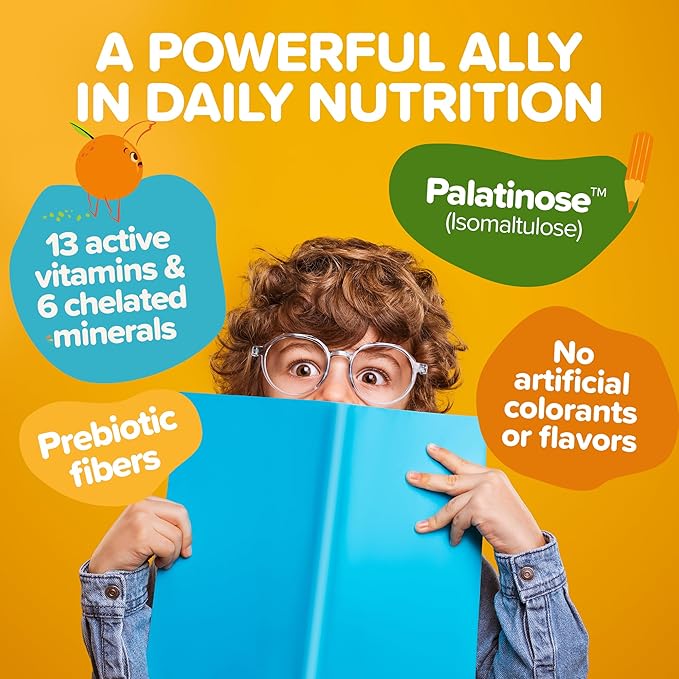 Vitamini Splash - Kids multivitamin Powder - Nutritional Support - 13 Active Vitamins & 6 Chelated Minerals, Prebiotic Fiber - Orange Flavor - (10.4 oz) - Vegan