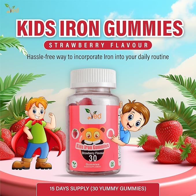 Ved Kids Iron Gummies for Iron Supplement, Energy & Immune System – Vegan - 15 Days Supply, 30 Chewable Kids Vitamins Gummies.(15 Days Supply)
