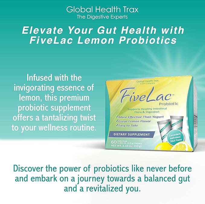 GHT - FiveLac Lemon Probiotic Powder Drink Mix, Probiotics for Women, Men, Kids - Smooth Digestive Support & Elimination – Relieve Constipation & Gas - 60 Packets, 3.18 Oz, Non-GMO