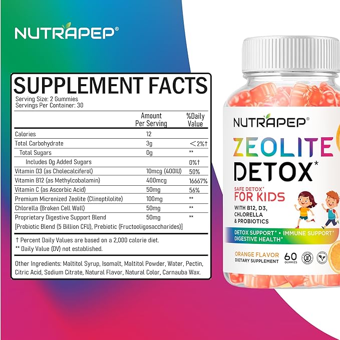 Zeolite Detox Gummies for Kids - Total Body Cleanse Micronized Chewables Supplement with Chlorella - Cleanse Out Toxins - Orange Flavor Vegan Non-GMO Gluten-Free