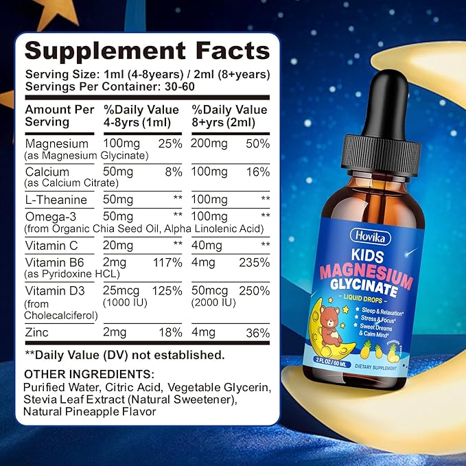 Kids Magnesium Glycinate Liquid with L-Theanine Omega-3, Vitamin B6, D3, Zinc, Magnesium Liquid Drops for Kids Sleep, Relaxation, Calm & Focus, 2 Fl Oz Pineapple Flavor