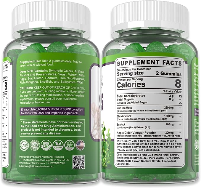 Sea Moss Gummies - Irish Sea Moss Gummies for Adults & Kids - Advanced Superfood Seamoss Supplement with Organic Bladderwrack & Burdock Root Extract，ACV for Daily Immune, Gut Cleanse, Vegan, 60 Counts