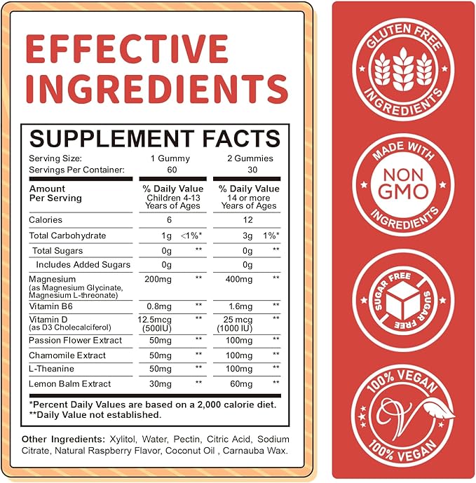 Magnesium Gummies for Kids - Magnesium Glycinate, L-Threonate Supplement with L-Theanine, Vitamin B6, D3 for Adults & Kids, Calm Magnesium for Sleep, Relaxation, Brain, Bones,Sugar Free Raspberry 60ct