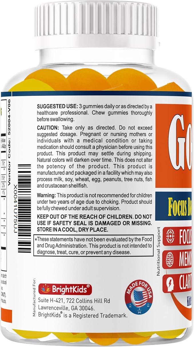 Brain Supplements for Memory and Focus, Omega 3 & DHA Focus Gummies for Kids, Memory Booster Focus Supplement for Kids & Teens- Low-Sugar, Natural Fruit Flavor 60 Gummies