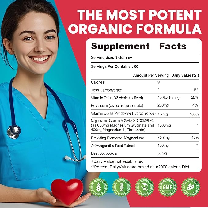 Potassium Magnesium Gummies,High Absorption Magnesium Glycinate,B6,D3,Potassium Citrate for Leg Cramps,Muscle,Electroyte for Adults Kids,Sugar-Free, 60 Gummies (Strawberry Flavor)