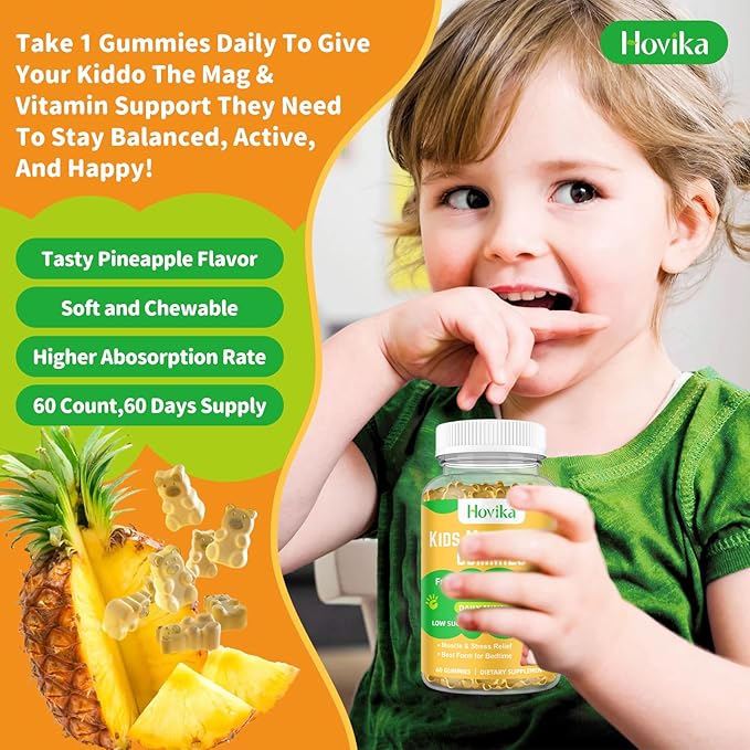 Magnesium Glycinate Gummies for Kids & Adults - Vitamin B6 & D3 - Great Tasting Kids Magnesium Calm Gummies for Promotes Sleep, Energy and Calm, Vegan Pineapple Flavor 60 Count