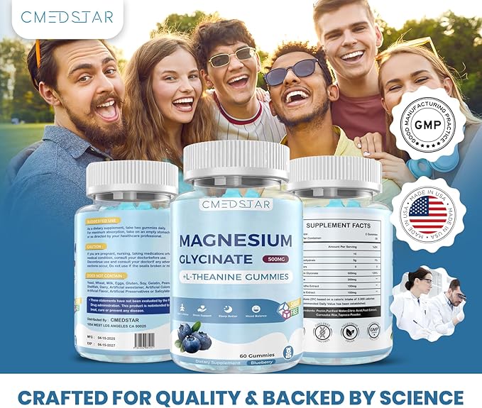 Magnesium Glycinate Gummies with L-Theanine, Ashwagandha & Chamomile Extract, Calm, Sleep, Stress Relief for Adults & Kids, Sugar-Free, Vegan, Blueberry Flavor, 60 Count