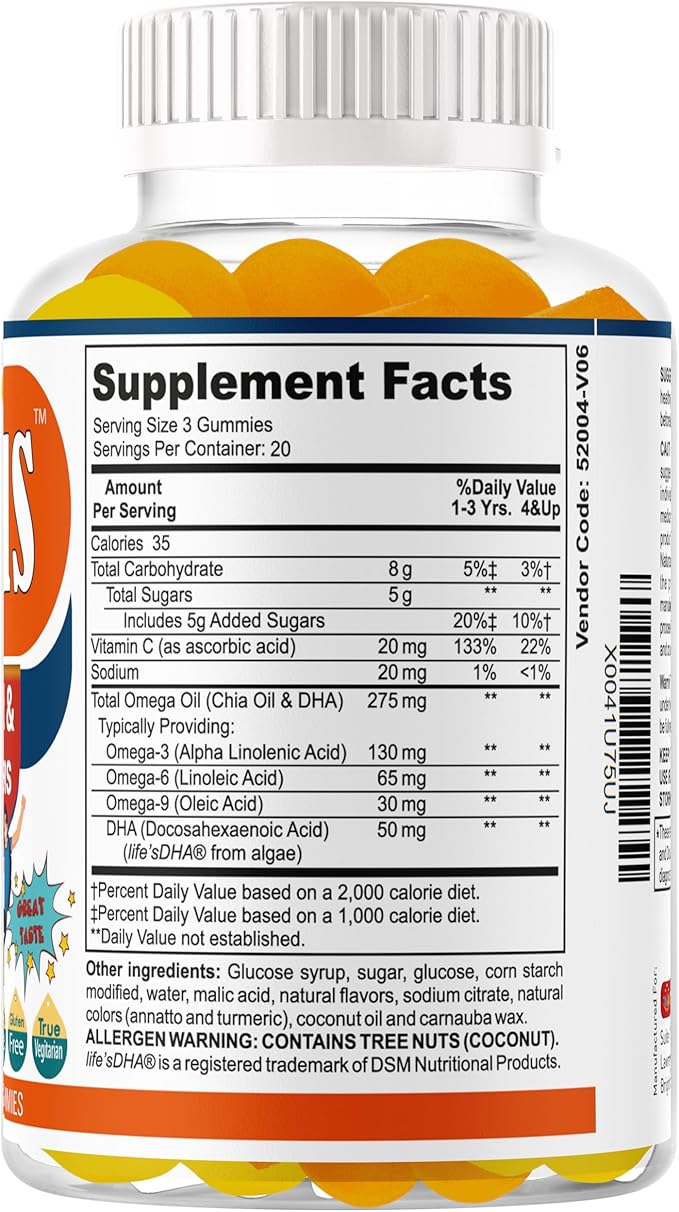 Brain Supplements for Memory and Focus, Omega 3 & DHA Focus Gummies for Kids, Memory Booster Focus Supplement for Kids & Teens- Low-Sugar, Natural Fruit Flavor 60 Gummies
